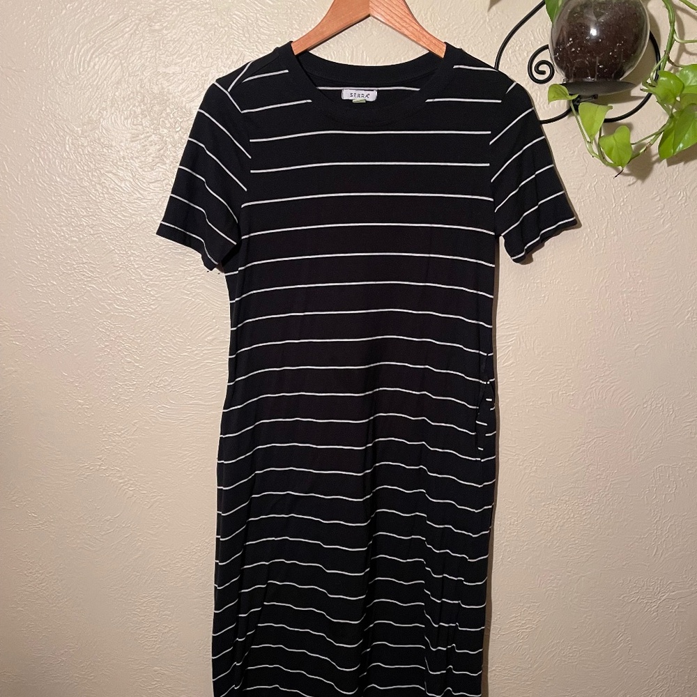 Knee length t-shirt dress, size medium, black with white stripes. Casual. .